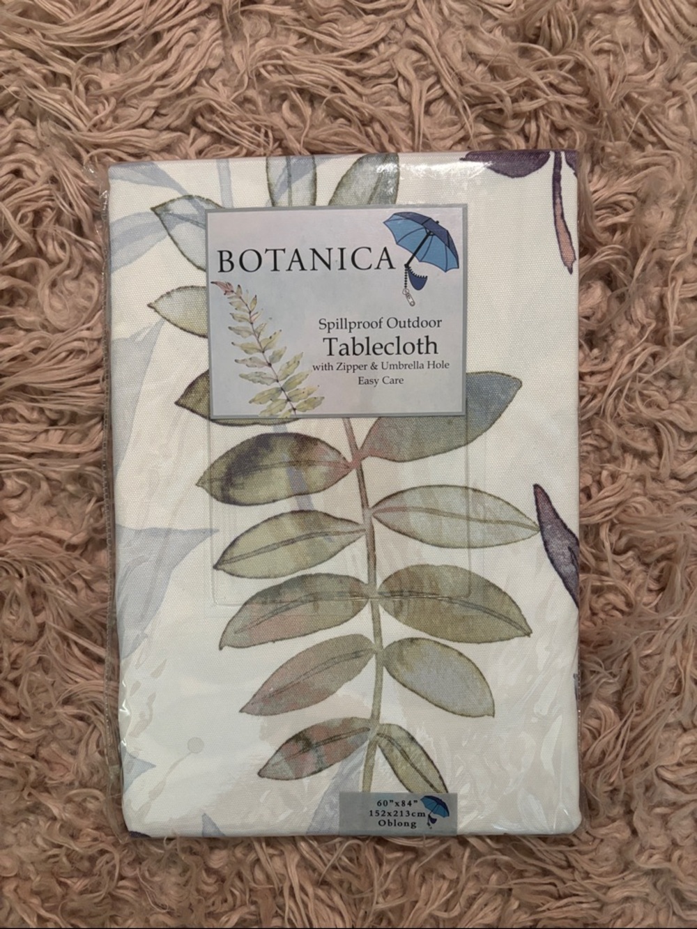 NWT Botanica Spill Proof Outdoor Tablecloth with Zipper and Umbrella Hole 60x84